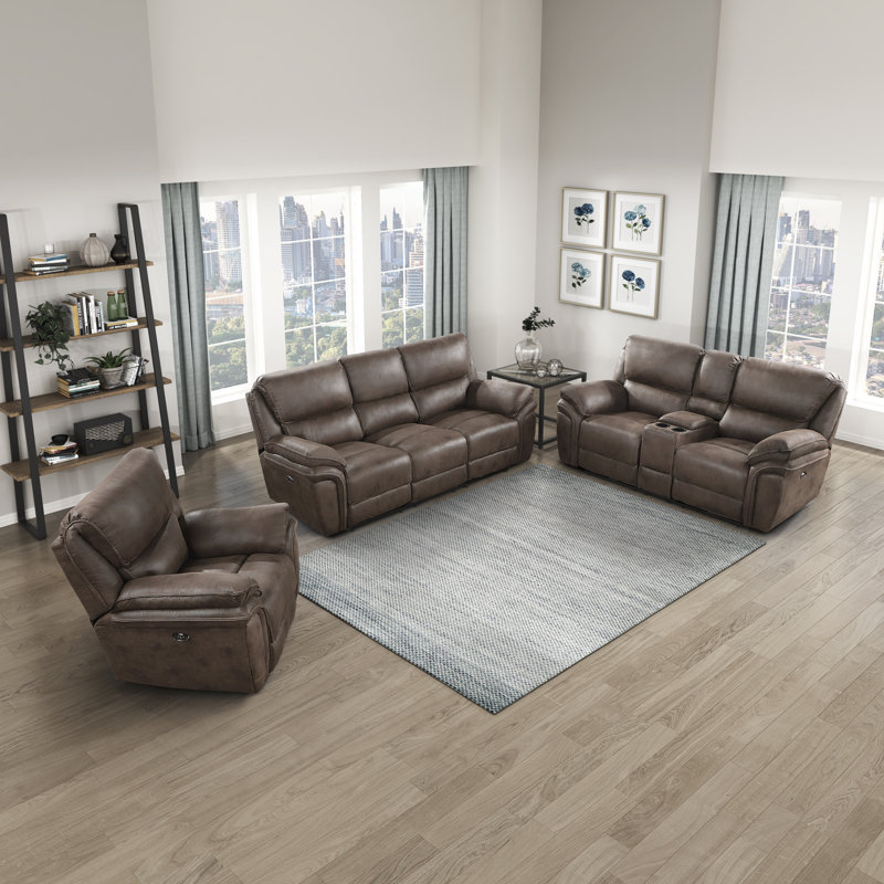 Larner 3 Piece Microfiber Pillow Top Arm Reclining Sofa Set Latitude Run Body Fabric Gray Microfiber Microsuede Reclining Type Power